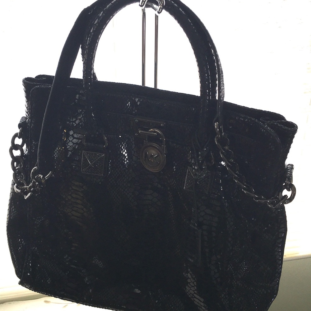 Michael Kors Black Snake-Embossed Leather Satchel with Chain Accents